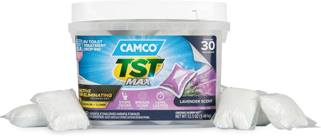 Camco TST MAX RV Toilet Treatment Drop-INs - Control Unwanted Odors and Break Down Waste and Tissue - Septic Tank Safe - Lavender Scent - 30-pack (41553)