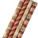 Hallmark Christmas Wrapping Paper Bundle with Cut Lines on Reverse, Kraft (Pack of 4, 88 sq. ft. ttl) Red Trucks, Snowflakes, Stripes, Merry Christmas (5JXW1038)