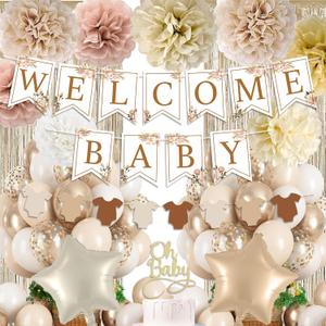 Champagne Baby Shower Decorations, Boho Beige Baby Shower Decor Set with Welcome Baby Banner,Tissue Pom Poms,Oh Baby Cake Topper,Nude Cream Gold Balloons| Neutral Baby Boy Girl Shower Party Supplies