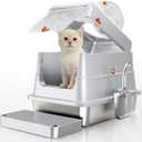 Stainless Steel Cat Litter Box with Lid, Small Enclosed Metal Litter Pan with High Sides, Full Flip Cover Litter Box for Kittens, Include Scoop & Step, Leak Proof Easy Clean Odor Control, Grey