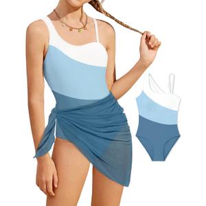 Girl's One Piece Swimsuits Color Block Cutout One Shoulder Bathing Suit with Mesh Cover Up 1 Piece Swimsuit Swimwear (Green #)