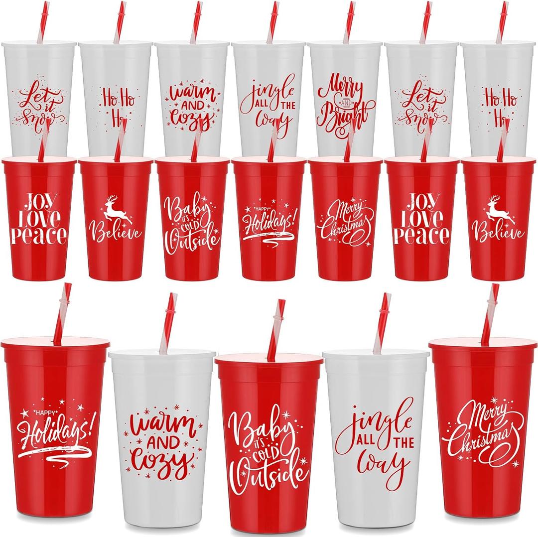 Sliner 20 Pcs 34 oz Christmas Tumbler with Straw Lid Winter Holiday Coffee Mug Cup Reusable Plastic Cup Xmas Joy Love Peace Believe School Classroom Rewards Party Supplies for Student from Teacher