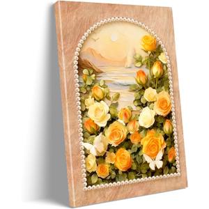 Yellow/Orange Rose Floral Canvas Wall Art Framed Warm Nature Flower Decor, 24"L x 16"W