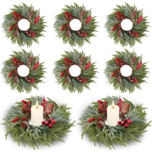 8 Pcs Christmas Candle Rings Wreath Decorations Artificial Red Color Berry Garland Wreaths Pine Garland Norfolk Pine Holder Pillars for Kitchen Cabinet Xmas Home Table Decor (Cute)