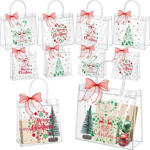 Henoyso 24 Pcs Red and Green Christmas Clear Gift Bags Plastic Goodie Candy Treat Bag with Handles PVC Gift Wrap Totes with Ribbon for Xmas Party Favors (7.8 x 7.8 x 3.1,12.6 x 9.8 x 6.7)
