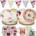Talking Tables 50pcs Floral Afternoon Tea Party Decorations Tea Party Set Pretty Paper Plates Floral Napkins Tea cups Bunting for Birthday Mother's Day Bridal Shower Baby Shower for 16 Guests