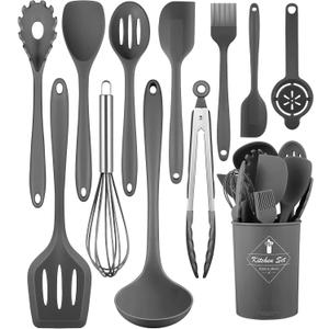 Kitchen Utensils Set-12 Pieces Silicone Cooking Utensils Set (Dishwasher Safe) 392F Heat Resistant Spatula Set, Nonstick Cookware (Gray)