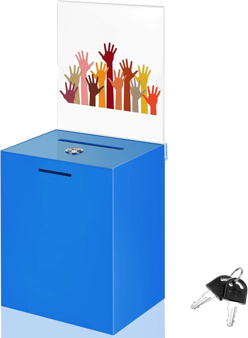 Acrylic Suggestion Box 8.2 x 6.7 x 5 Inch Large Donation Box Safe Ballot with Lock and Sign Holder for Voting Charity Business Cards Collection Display Ticket Comment(Blue)