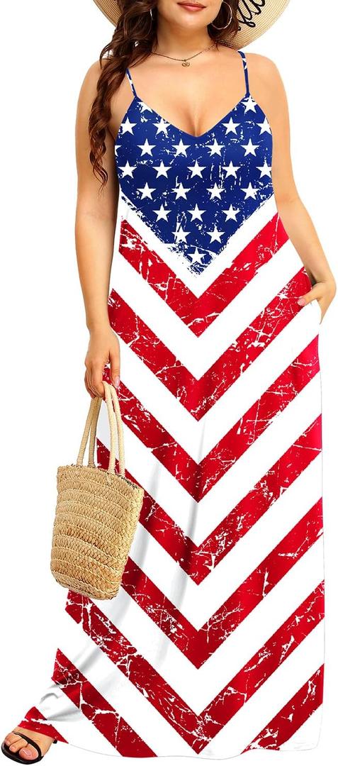 Pinup Fashion Women's Summer Maxi Dress Plus Size Sleeveless Spaghetti Strap Beach Long Dresses (American Flag)
