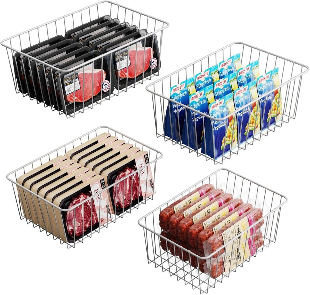 iSPECLE Freezer Organizer Bins - 4 Pack Medium Upright Baskets for 14 to 15.5 cu.ft Stand Up Freezer, Easily Sort and Get Food, Air Circulation Stops Food Sliding Out, White