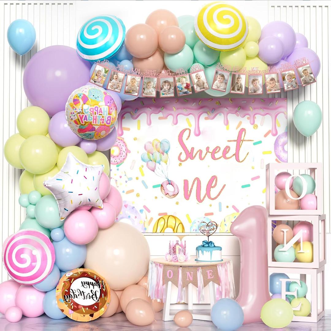 Pastel Balloons Different Sizes 18 10 5 Inch, Macaron Rainbow Latex Balloon Arch Kit for Baby Girl 1st Birthday - Including Balloon Boxes, Backdrop, High Chair Banner, Crown, and Photo Banner (Colorful)