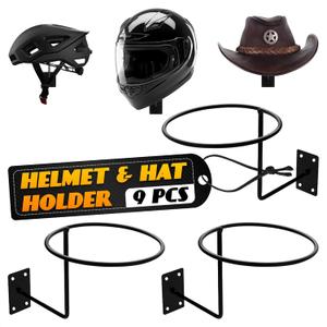 9 Pcs Helmet Holder Wall Mount - Reliable Cowboy Hat Holder for Wall Made of Sturdy Metal, Easy & Firm Installation, Convenient Storage of Helmets & Hats for Entryway Organization - 35 Lbs Max Load