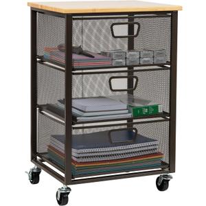 Mind Reader 3-Drawer Rolling Storage Cart, Office Organizer with Wood Top, Multipurpose Portable Cabinet with Wheels, Metal Mesh, Black