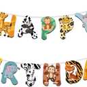 Safari Animals Happy Birthday Banner, Jungle Party Sign Decorations, Wild One Animal Themed Bunting for Jungle Safari Birthday Party, Zoo Animal Garland for Boys Girls Baby Shower