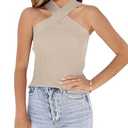 Womens Criss Cross Halter Sweater Vest Tops Summer Sleeveless Pullover Casual Lightweight V Neck Knit Tank Top Khaki Medium