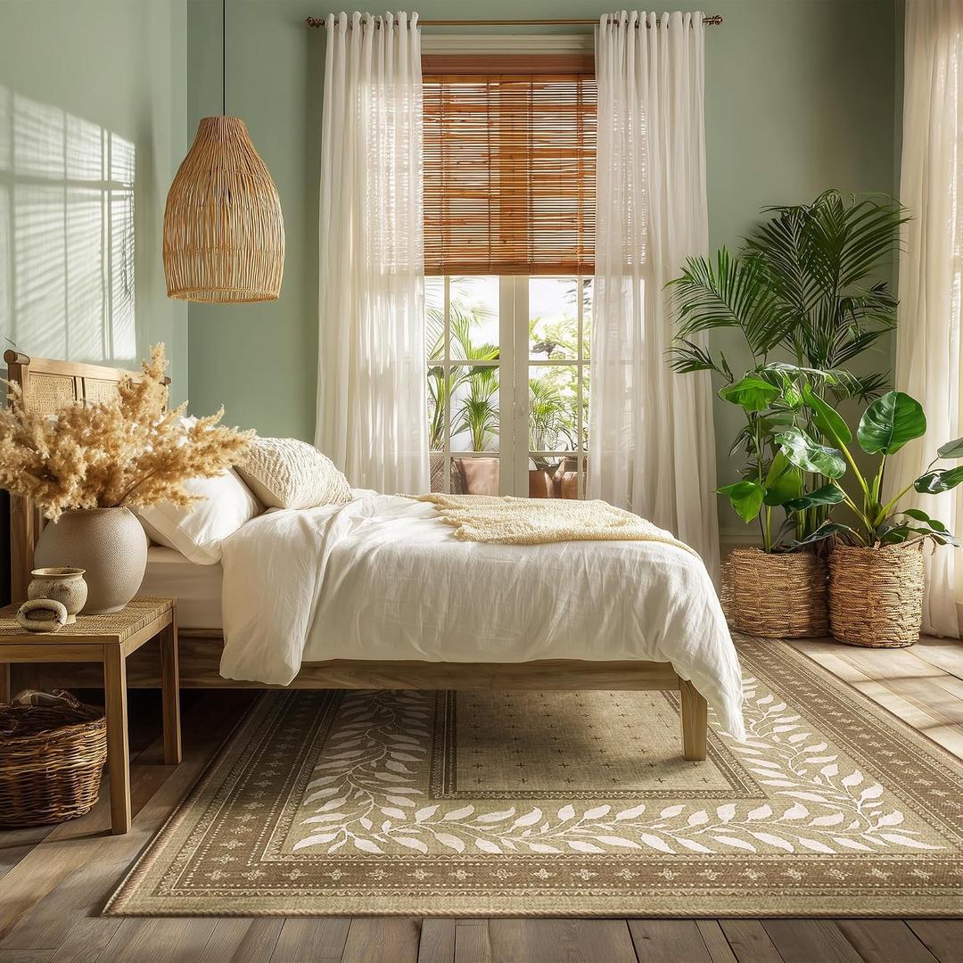 NICETOWN 8x10 Area Rug, Natural Throw Rug for Living Room, Washable Thin Carpet for Bedroom, Non-Slip Stain Resistant Foldable Large Carpet Pet & Kids Friendly for Dining Room
