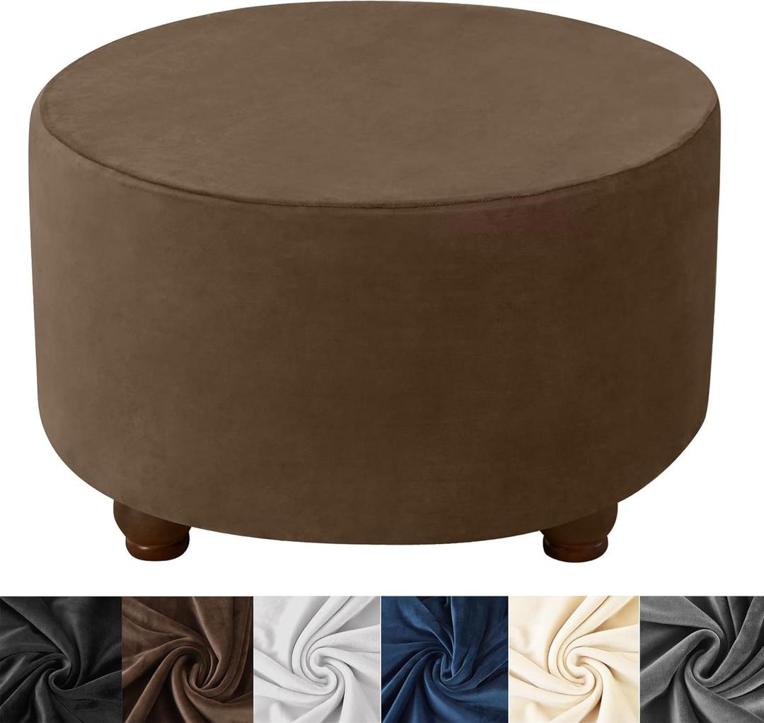 HFCNMY Ottoman Cover - Velvet Round Ottoman Slipcover, Thick, Washable, Storage, Foot Stool Cover with Elastic Bottom - X-Large (Coffee)