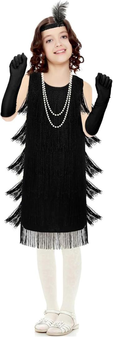 Girls 1920s Flapper Costume Set for Kids (10-12 Years) - Black, Faux Fur Materials, Authentic Accessories