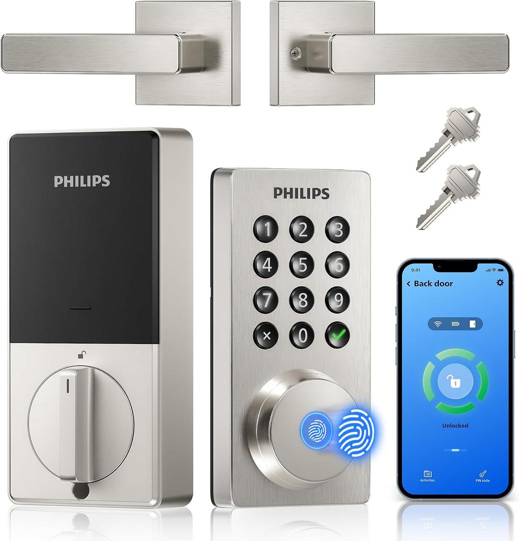 Philips WiFi Keypad Door Lock with Handle, Built-in WiFi, APP Remote Control, Voice & Fingerprint Unlock, Smart Locks for Front Door with Auto Lock, Keyless Entry Deadbolt, Satin Nickel