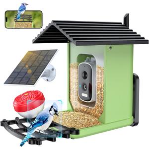 OPOWO Bird Feeder with Camera, 2K HD AI Identify Smart Bird House Camera with Solar Powered, Live View, Instant Arrival Alerts, Auto Capture Video for Outside, Supports 2.4GHz WiFi Only, Bright Green