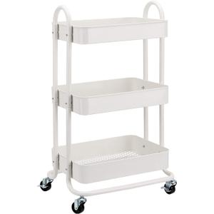 Amazon Basics 3-Tier Rolling Utility Cart, Storage Organizer, Lockable Wheels, Multifunctional Storage, Portable Mobile Shelving Unit, White
