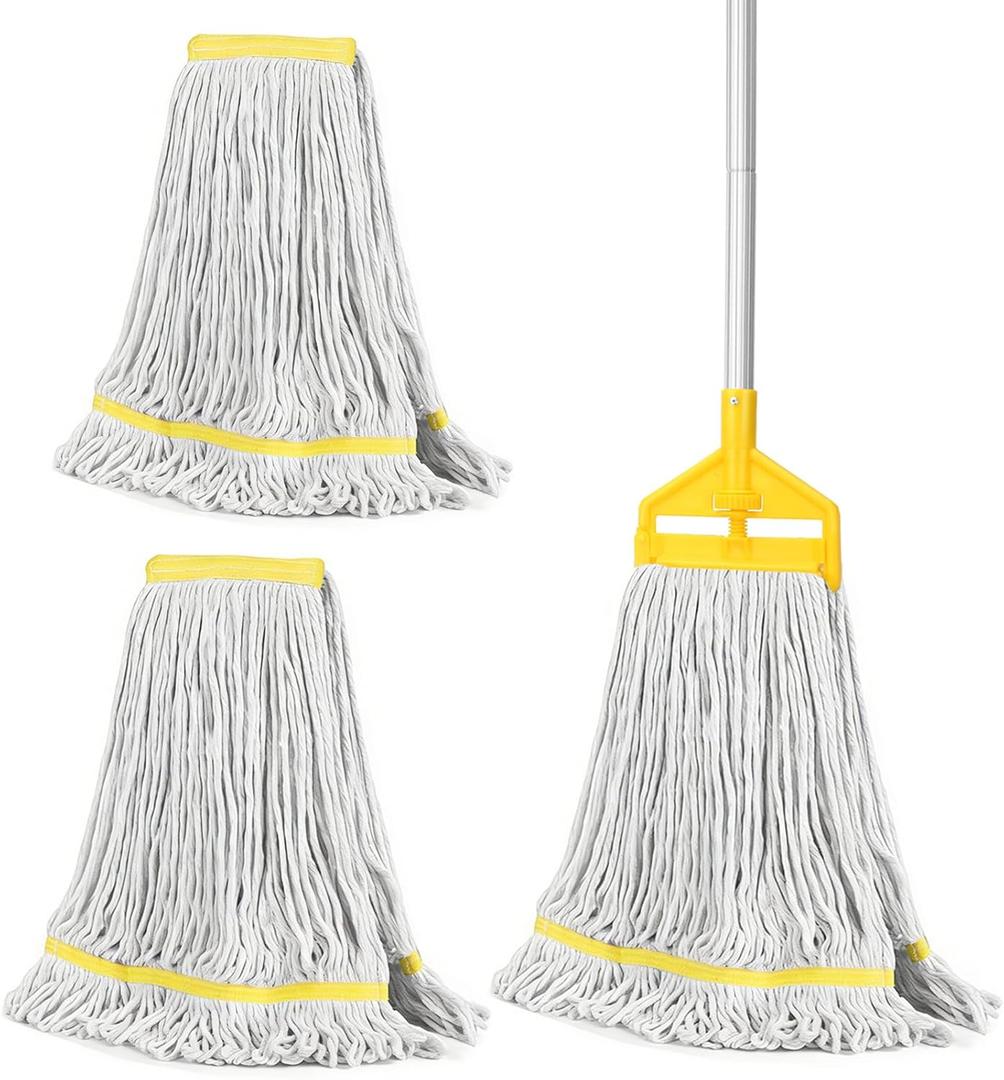 Commercial Industrial Mop Heavy Duty with 3 Replacement Head,Looped-End String Wet Mops with Long Handle for Floor Cleaning, Cotton Mop for Home Garage Office Workshop Warehouse Concrete Floor