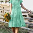 chouyatou Women's Summer Flutter Sleeve Midi Long Gingham Dress Plaid Button Down Shirt Dress (Green, XL)