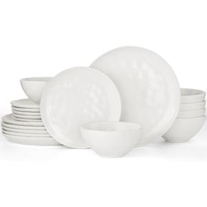 Famiware Dinnerware Sets for 6, Ocean Round 18-Piece Kitchen Plates and Bowls Sets, Microwave and Dishwasher Safe, Scratch Resistant, Matte White