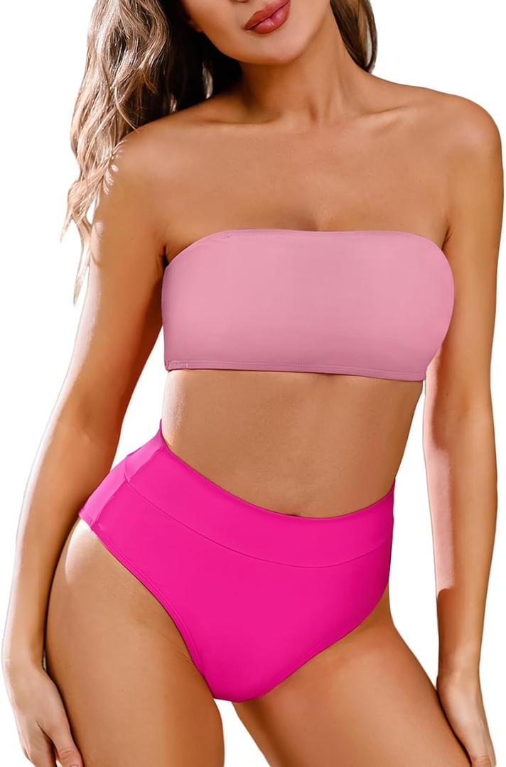 Pink Queen Women's Removable Strap Wrap Pad Cheeky High Waist Bikini Set Swimsuit (Large, 01 - Pink and Rose Red)
