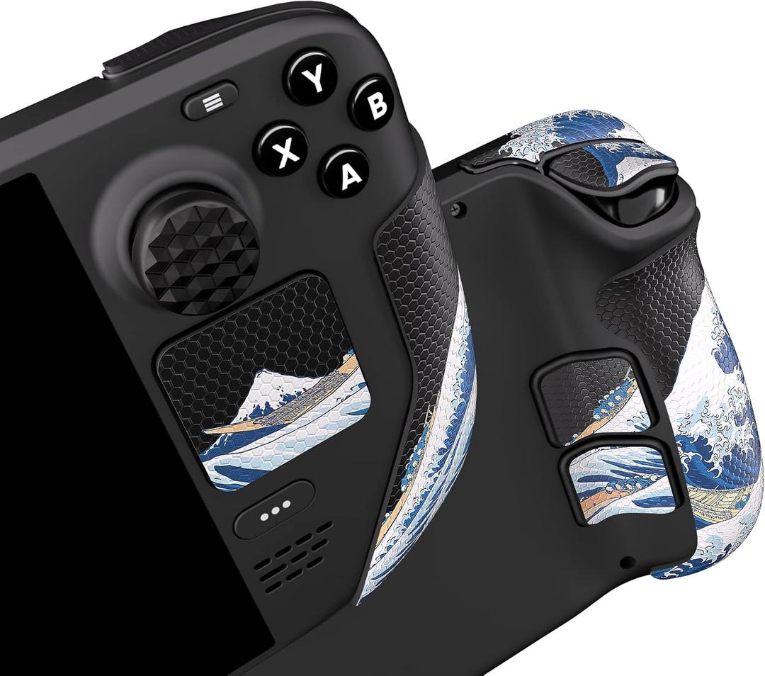 PlayVital Professional Textured Soft Rubber Pads Handle Grips for Steam Deck LCD & OLED, Trackpads Skin Grip Enhancement Back Button Protective Stickers Set with Thumb Grip Caps - The Great Wave