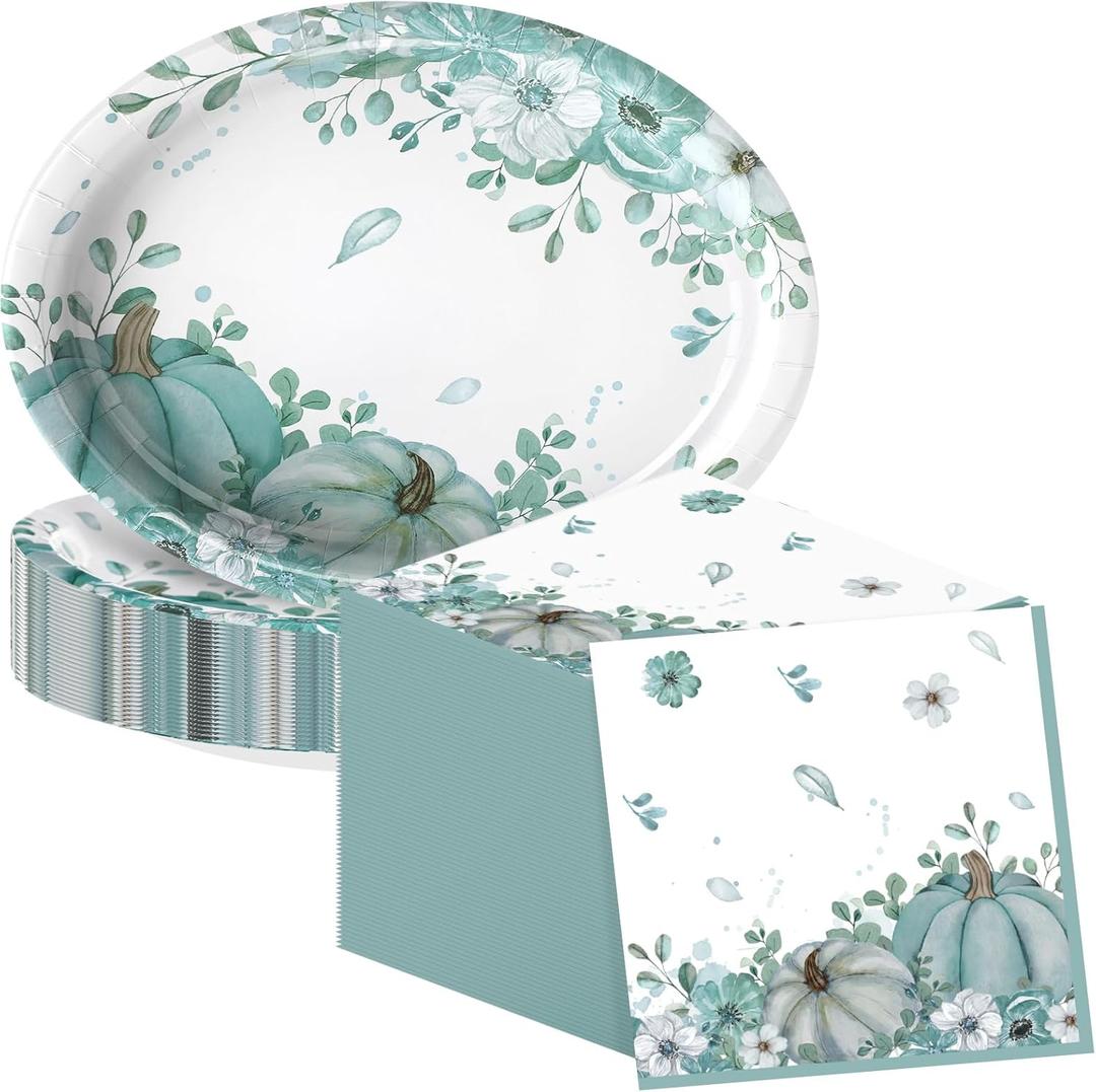 Maxdot 100 Pcs Fall Plates and Napkins 10 x 12 Inch Heavy Duty Oval Thanksgiving Paper Plates Disposable Watercolor Pumpkin Dinnerware Set for Fall Thanksgiving Party Decorations Supplies, Serves 50