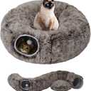 Cat Tunnel Bed for Indoor Cats with Washable Cushion Cat Cave Donut Tunnel with Fluffy Ball Big Round Tube Pet Playground Toys Soft Plush Peekaboo for Kitten, Cat, Puppy, Rabbit, FerretBrown