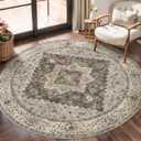 Tangsoo Vintage Round Rug 4ft Washable Circle Rug, Non Slip Small Boho Round Rug, Low Pile Circular Rugs, Round Carpet for Bedroom,Entryway,Nursery,Dorm,Kitchen,Grey/Multi