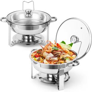 GarveeHome Chafing Dish Buffet Set 2 Pack 5 QT, Stainless Steel Round Chafing Dishes for Buffet With Lid Holder & Glass Lid, Buffet Servers and Warmers for Parties, Wedding, Camping, Dinner, Silver