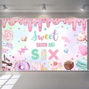 Sweet Sassy and Six Banner Girl 6th Birthday Party Backdrop Pastel Sweets Candy Donut Happy 6th Birthday Party Decorations Photo Booth Props (6x3.6ft)