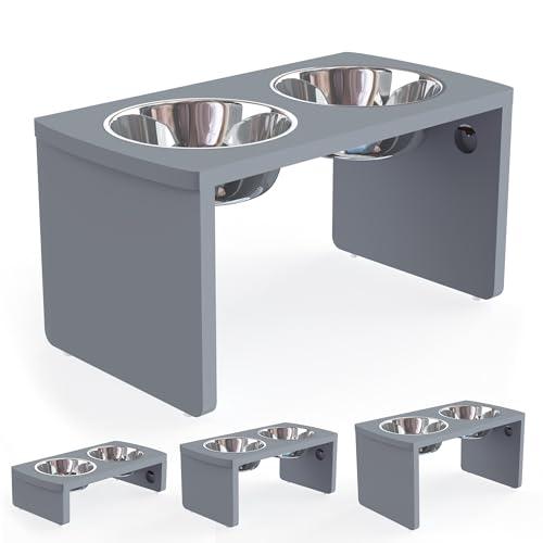 Elevated Dog Bowls, Bamboo Raised Dog Bowl for Large Dogs & Medium Dogs, with 2 Stainless Steel Bowls (10'' Tall–48 oz Bowl, Grey)