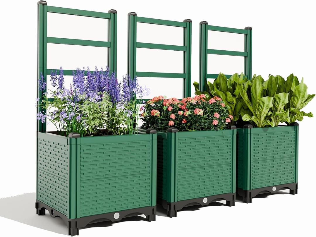 Outdoor Raised Garden Bed - Stackable Vertical Planter with Trellis for Vegetables & Flowers | Durable Resin, Tool-Free Assembly | Perfect for Balcony, Patio, Deck (47.24" H)