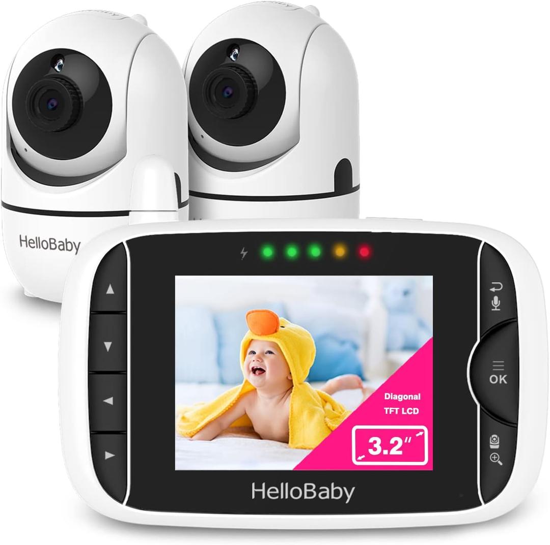 HelloBaby Baby Monitor with 2 Cameras and Audio, No WiFi, 3.2" Screen