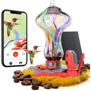 TT Nature Glass Smart Hummingbird Feeder with Camera Solar Powered 2K- AI Identify & Water Detection, Instant Notification, Leakproof & Ant Moat, Compatible with Alexa & Google Assistant