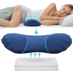 RESTCLOUD Adjustable Lumbar Support Pillow for Sleeping Memory Foam Back Support Pillow for Lower Back Pain Relief and Sleeping, Lumbar Support Pillow for Bed and Chair with 2 Insert Pads (Dark Blue)