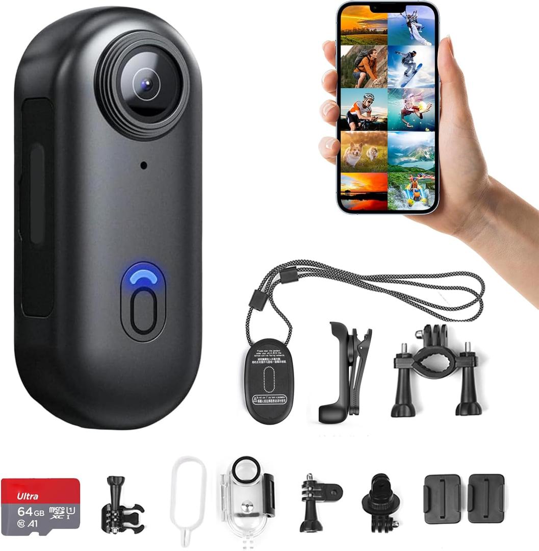 H8 64GB 4K Thumb Action Camera, Mini Body Cameras, Wearable Pocket Vlogging Camera, Multiple Accessory Mount Anywhere Small Portable Hands-Free Helmet Cam for Work, Cycling, Travel, Pet Walking (Black