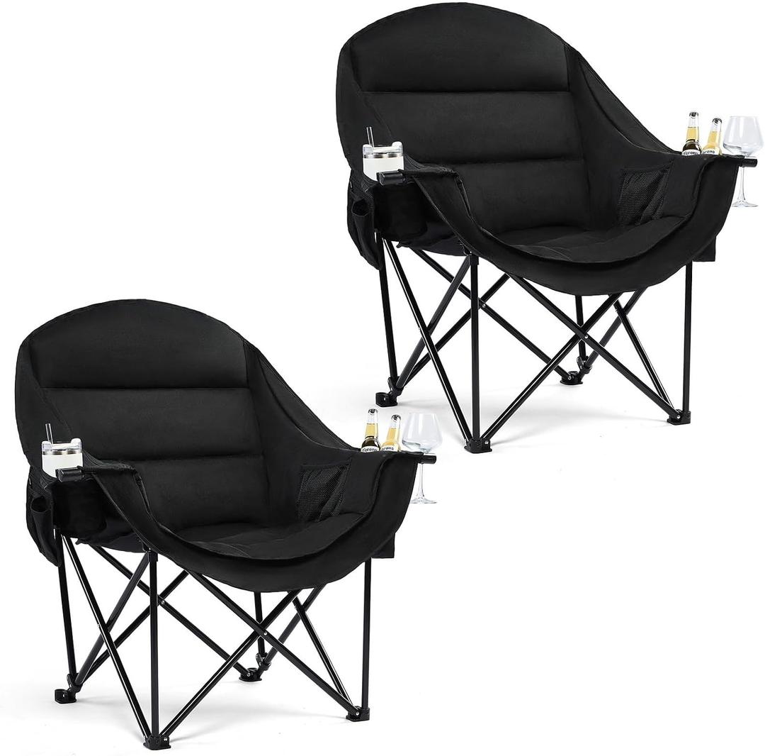 Oversized Camping Chair for Adults - Heavy Duty Outdoor Padded Large Lawn Camp Chair with Cup Holder Cooler Pockets for Sports Beach Fishing Garden Portable Supports 500lbs, AllBlack 2 Pack