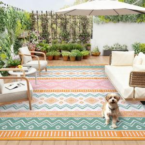GarveeHome 9x12 Outdoor Area Rug Waterproof Plastic Straw Rug, Reversible RV Mat, Stain-Resistant Indoor Outdoor Carpet for Picnic, Deck, Balcony, Beach, Patio Yellow/Green/Gray/White