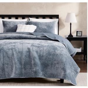 WDCOZY Velvet Twin Size Quilt Set - Blue Striped Pick Stitch Soft Lightweight Bedspread, Channel Farmhouse Country Rustic Coverlet, Modern Bedding Warm Thin Comforter, 3 Pieces