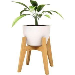 Mid Century 10” Bamboo Wood Plant Stand, Indoor Wooden Flower Pot Holder Stands- Modern Plants Display Rack/Pedestal, Fits 10 Inch Planter Pots and Cone Pots, Up to 175lbs- Rustic Retro Décor