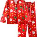 Sylfairy Girls Pajamas Silk PJS Set Satin Sleepwear Long Sleeve Jammies for Kids Button-Down Nightwear Loungewear (14Y, Christmas Santa Claus)