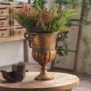 Vintage Gold Urn Planter with Embossed Pattern, American Style chalice planter Flower Pot, Distressed Classic Plant Pot for Tables Fireplace Mantel Decor Indoor Home Garden Patio Front Porch Entrywa