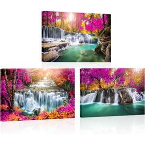 FuShvre Waterfall Wall Art Forest Canvas Picture Prints Photograghic Modern Nature Painting for Home Wall Decor Framed 16x24 inches each piece