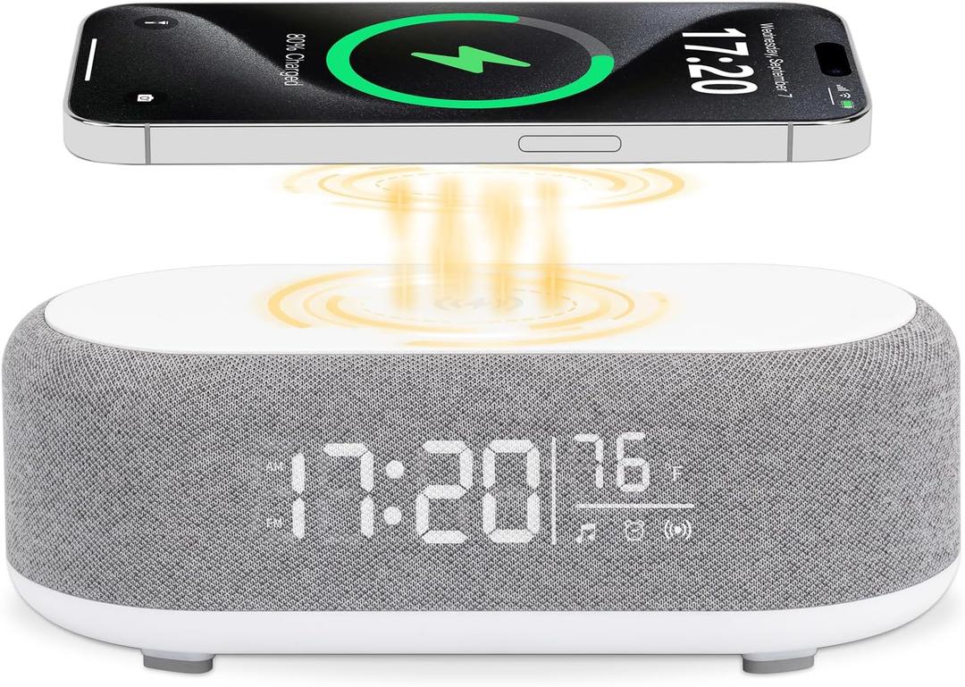 4in1 Alarm Clock with Wireless Charging Wireless Speaker Night Light & Temperature Display  Customized Sleep-Wake Routine Alarm Clock for Heavy Sleepers (Gray)