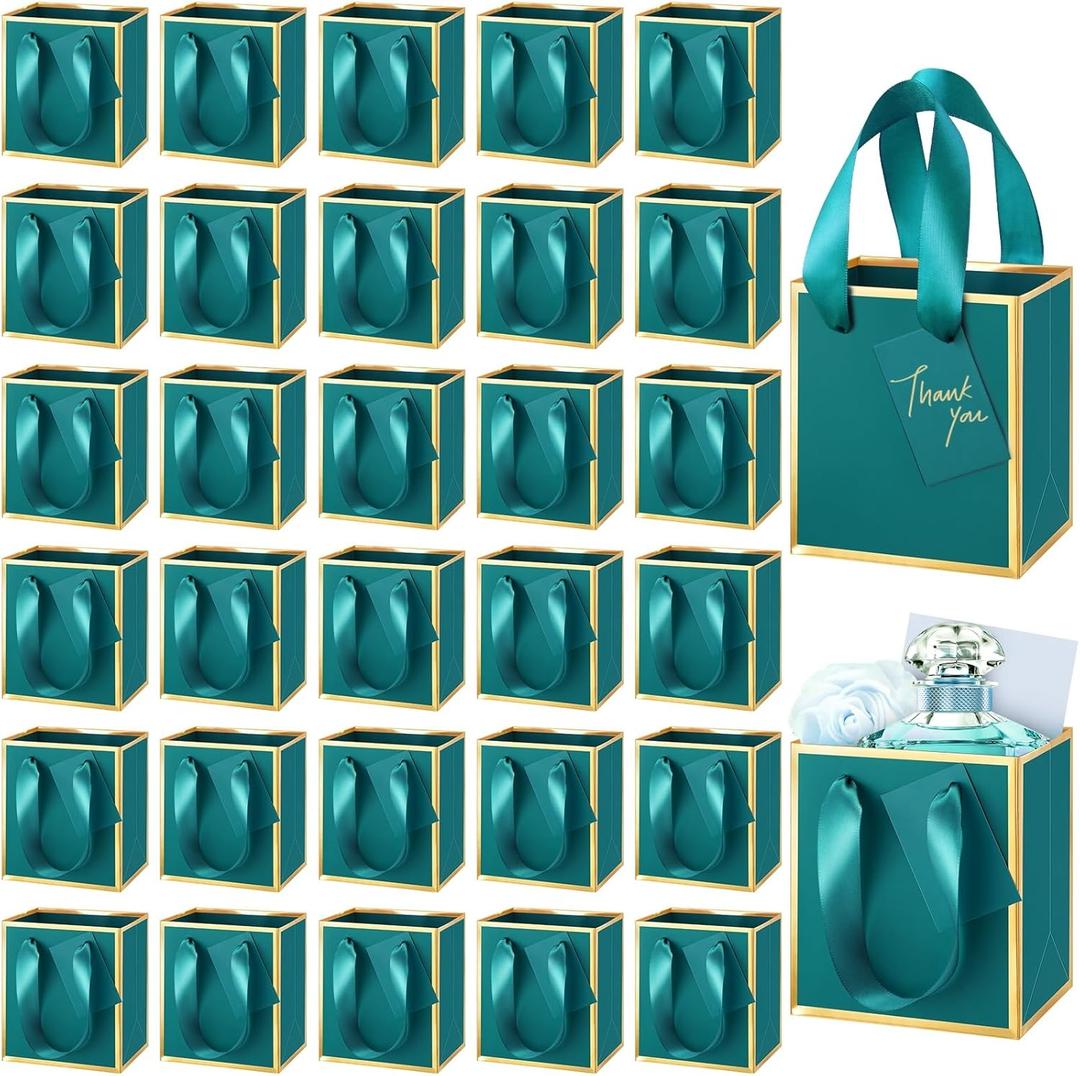 Yeaqee 50 Pcs Mini Metallic Paper Gift Bags with Handles 4x2.75x4.5'' Tiny Small Gift Bags with Thank You Tag for Wedding Graduation Birthday Party Return Gifts Jewelry Business (Turquoise,Gold)